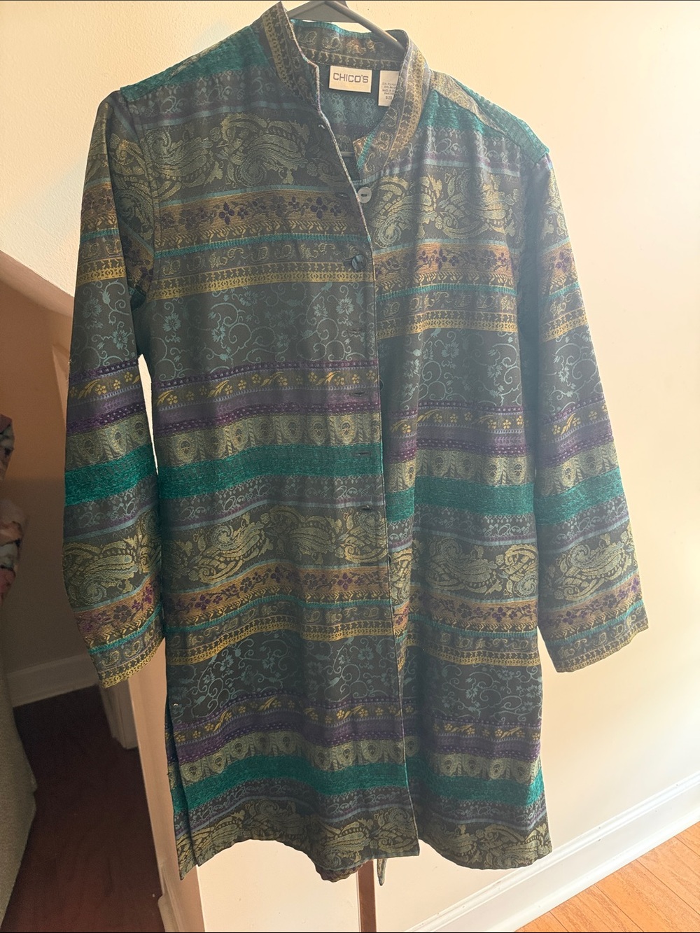 Chico's Teal Green and Purple Patterned Long-Sleeve Tunic Jacket